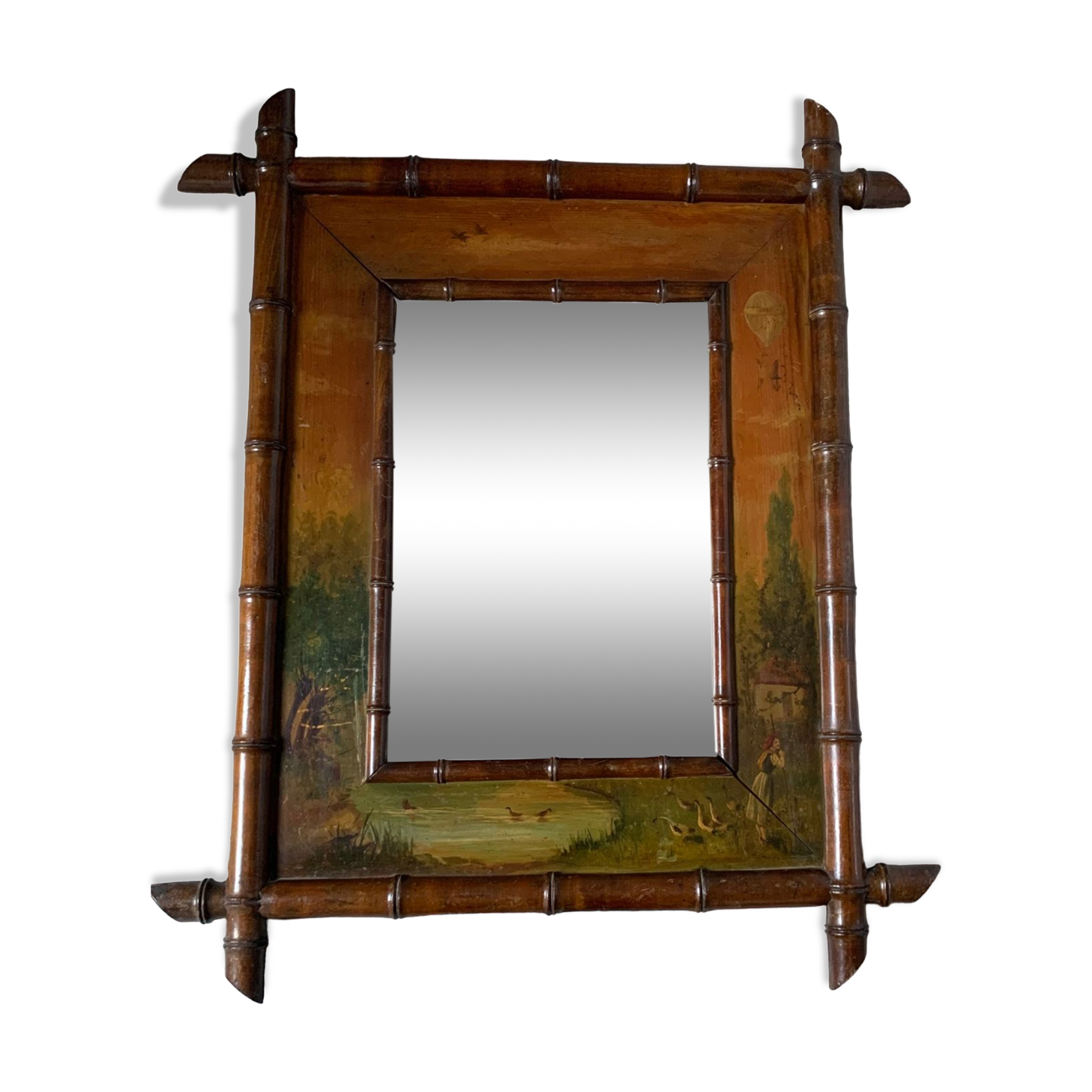 Bamboo wood mirror and 19th-century paintings