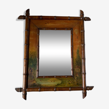 Miroir bois bambou et peintures XIXe