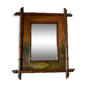 Miroir bois bambou et peintures XIXe