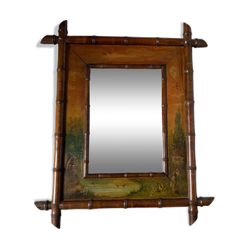 Miroir bois bambou et peintures XIXe