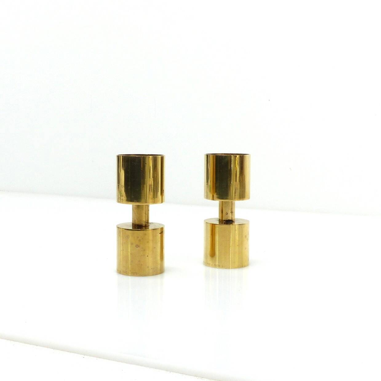 Pair of Zoégas Kaffe candlesticks in solid brass, Sweden 1976