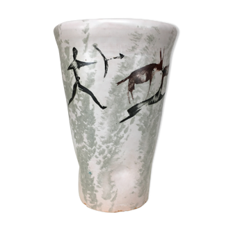 Vase céramique décor pariétal, années 50 signée yurtsua