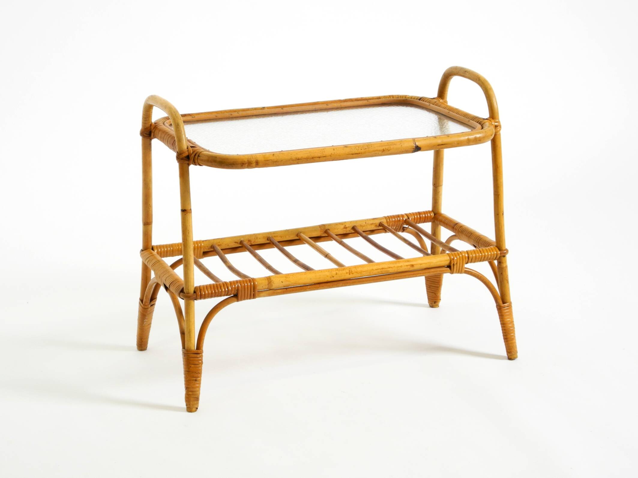 Lovely small Italian 60s bamboo side or coffee table with a iced glass top