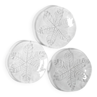 Set of 3 Vintage Kosta Boda Glass Plates / Scandinavian Leaf Design / 1975
