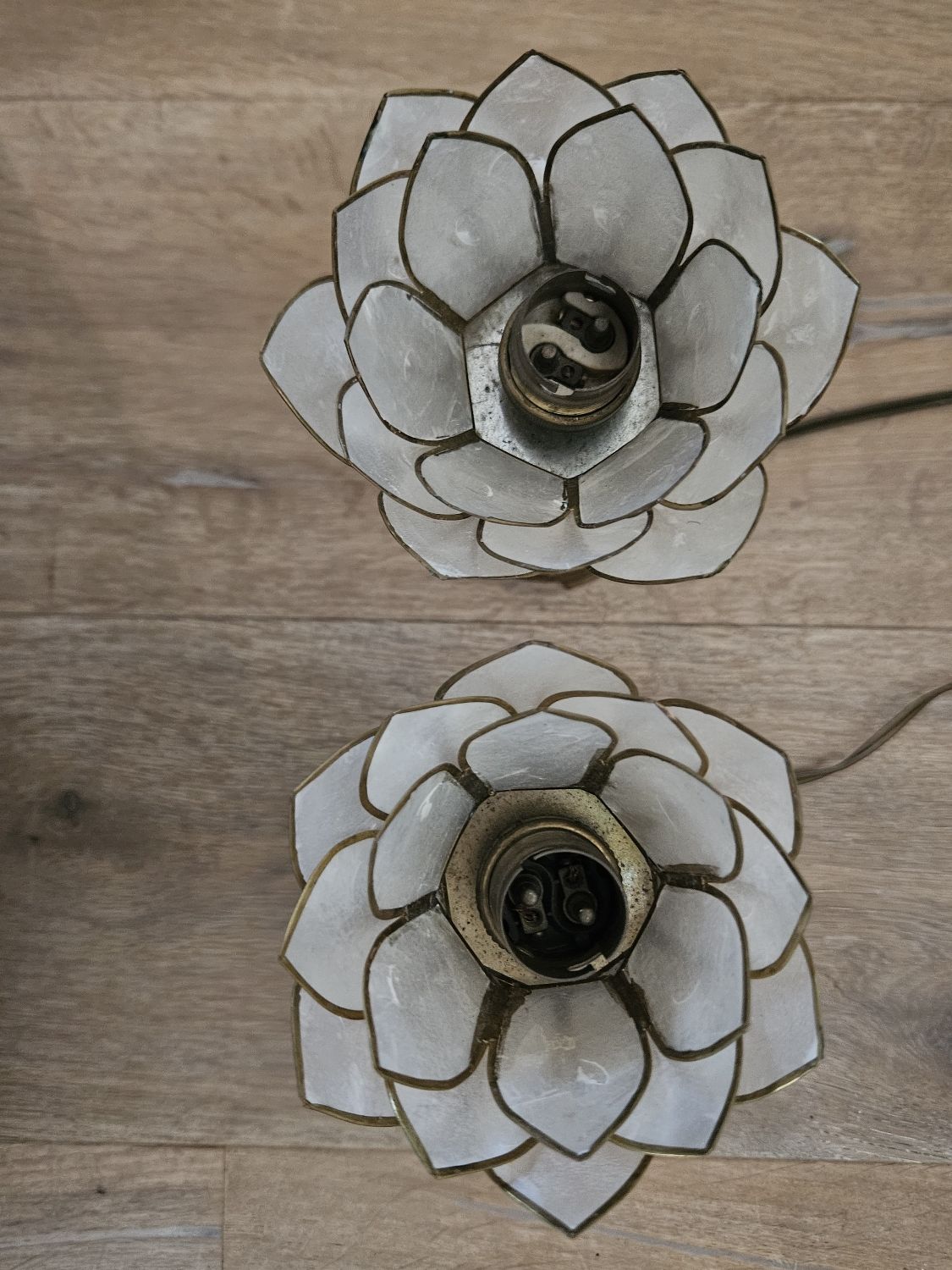 Pair of brass and mother-of-pearl lotus bedside lamps