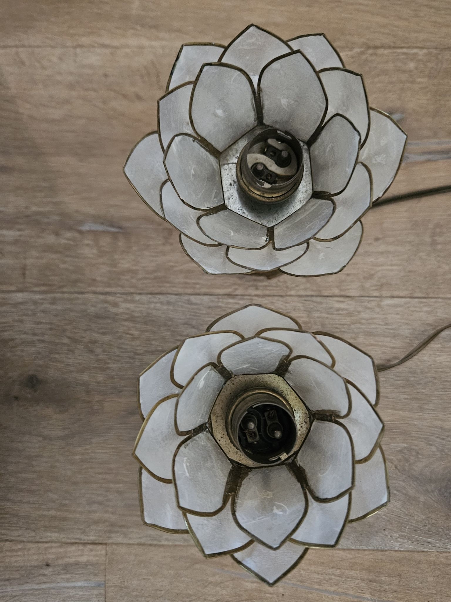 Pair of brass and mother-of-pearl lotus bedside lamps