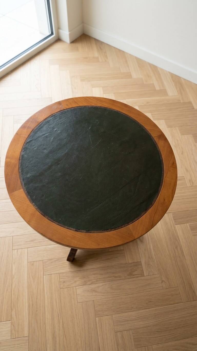 Empire style gueridon in solid wood and green leather.