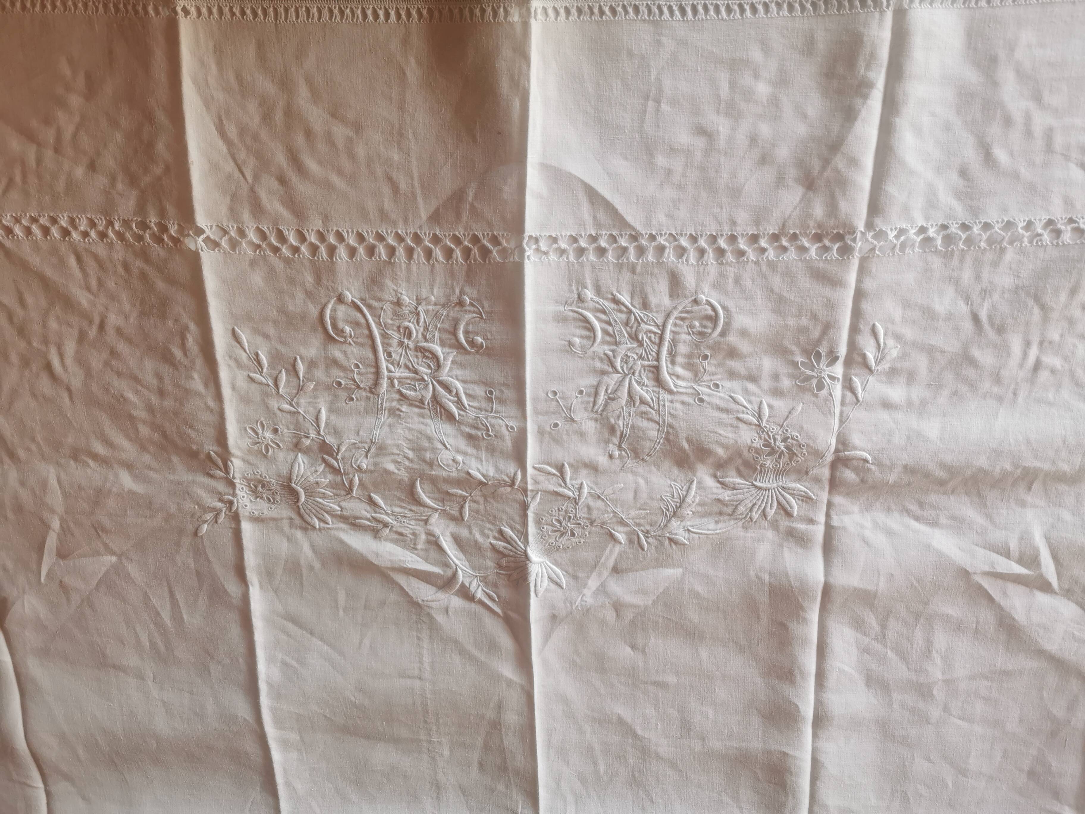 Large antique linen sheet monogrammed AH