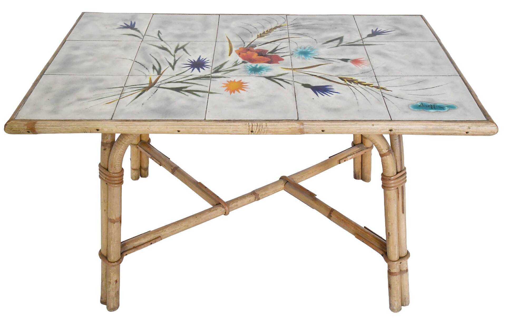 Audoux Minnet style coffee table in rattan and ceramic by Georges Chassin