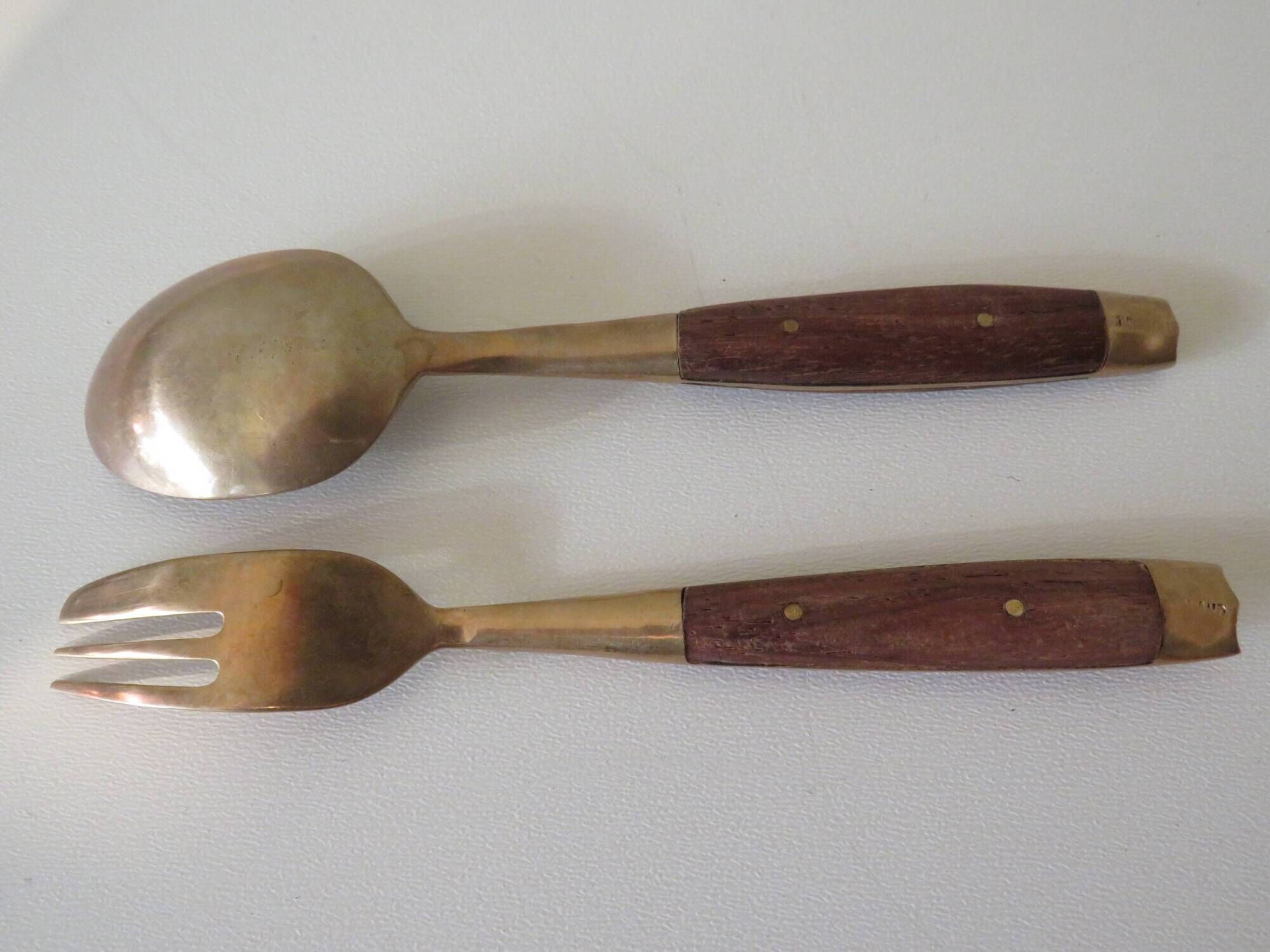 Vintage teak and brass housewife, dessert spoons and forks
