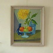 Original Vintage Oil on Panel – “Still Life: Fruit and Yellow Flower”