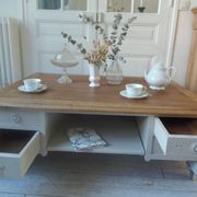 Coffee table on casters, made from an old desk, pearl gray base and belt.