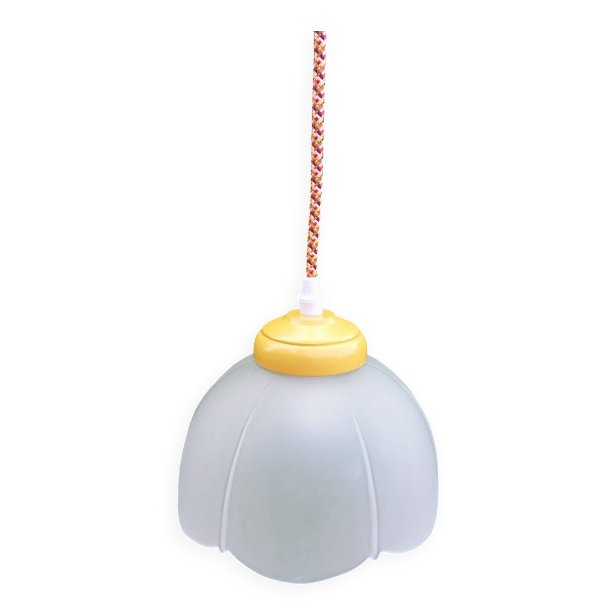 Vintage white frosted corolla glass pendant light, orange pixel cord
