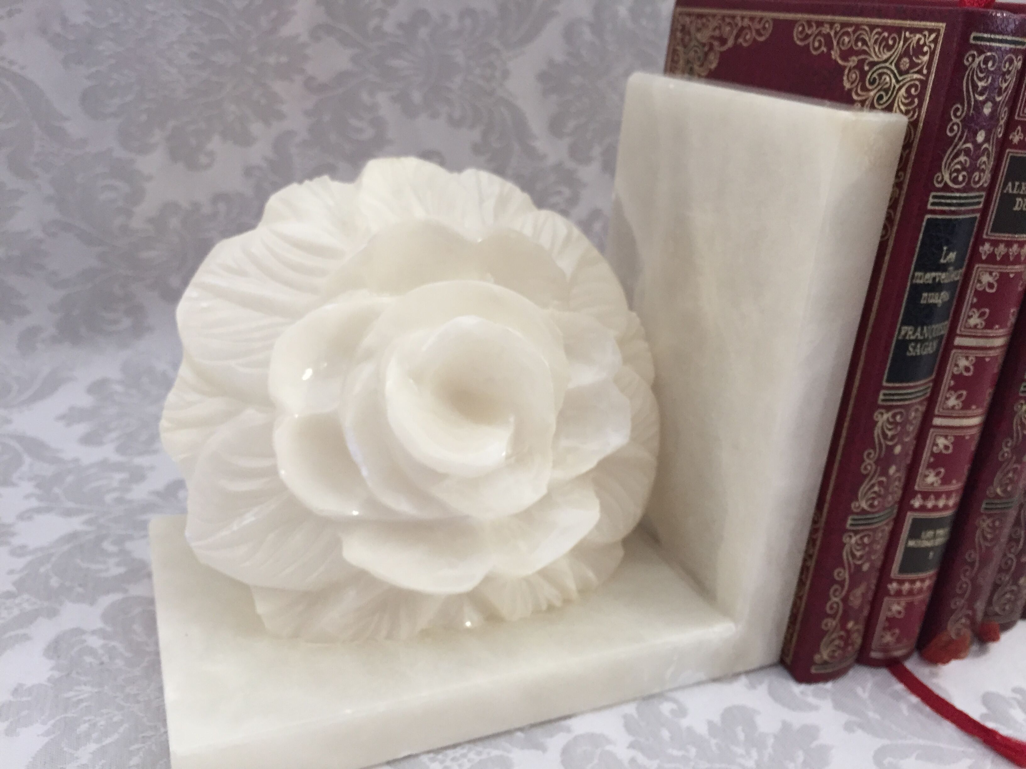 Pair of vintage alabaster bookends decor flower 1970