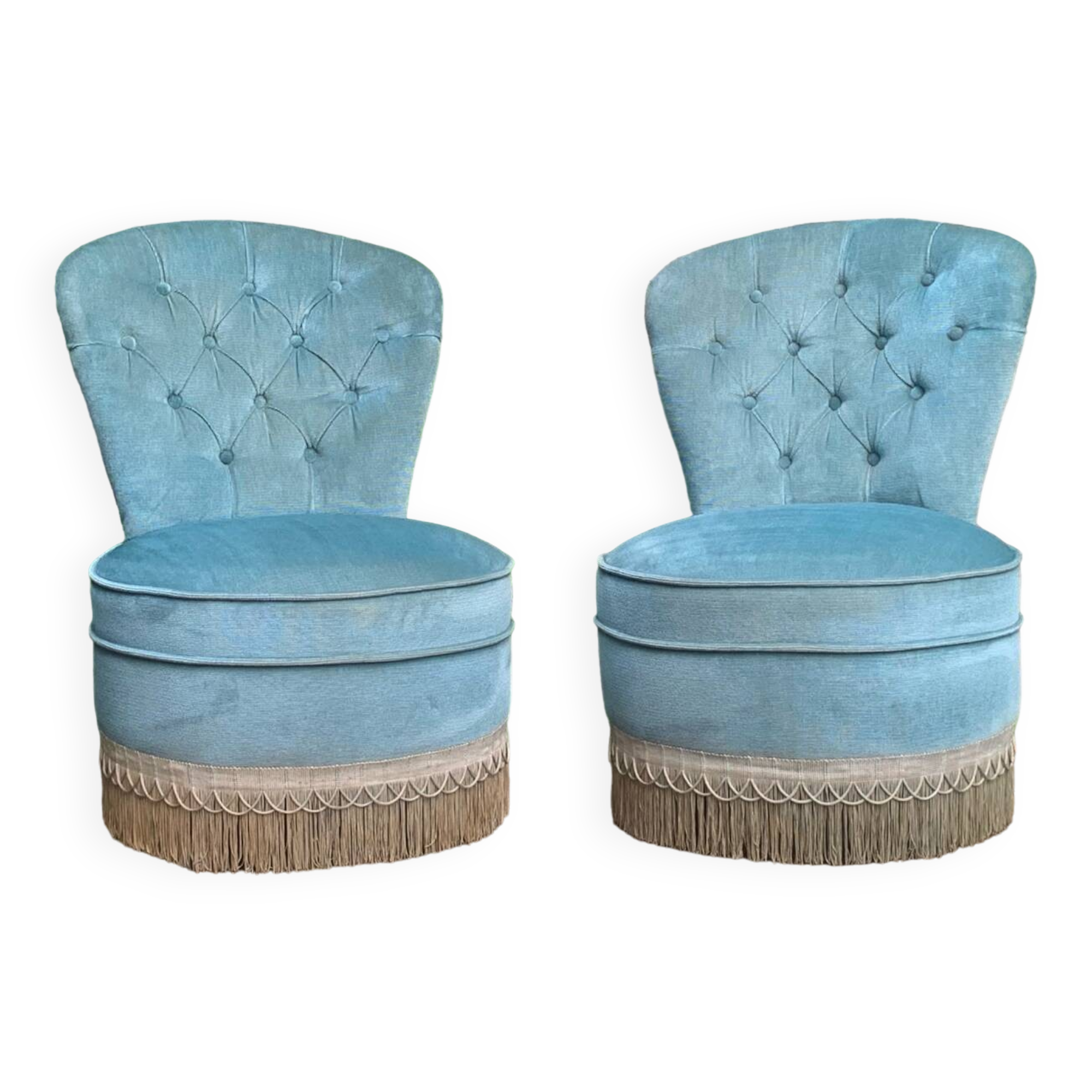 Pair of vintage blue velvet upholstered toad armchairs from the 1970s