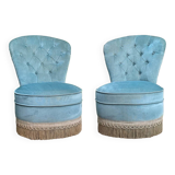 Pair of vintage blue velvet upholstered toad armchairs from the 1970s
