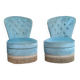Pair of vintage blue velvet upholstered toad armchairs from the 1970s