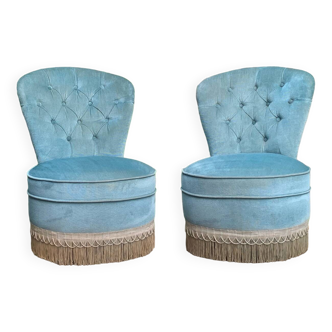 Pair of vintage blue velvet upholstered toad armchairs from the 1970s
