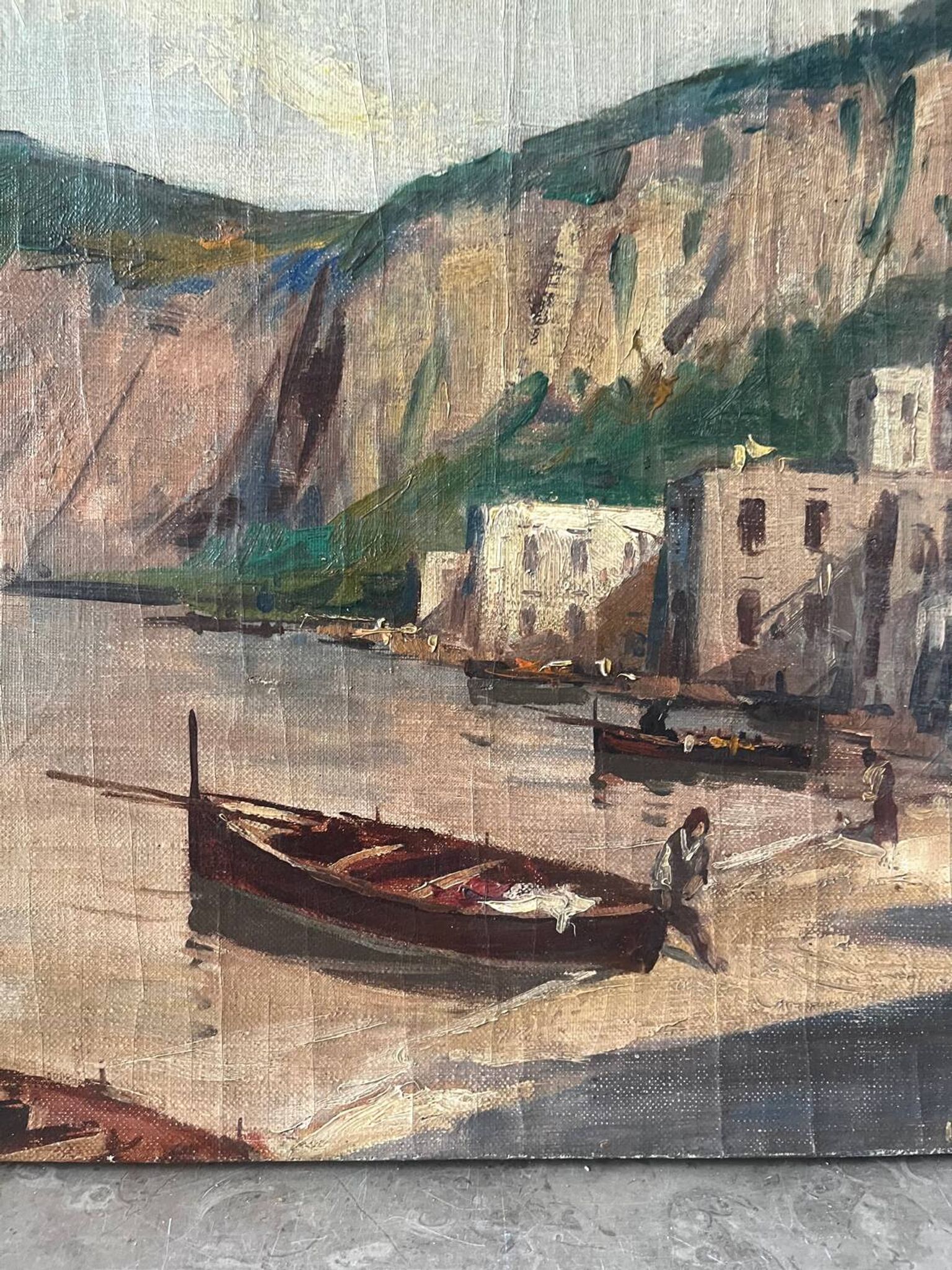 Village in the cliffs, oil on canvas signed E. Bello