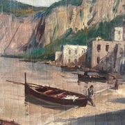 Village in the cliffs, oil on canvas signed E. Bello