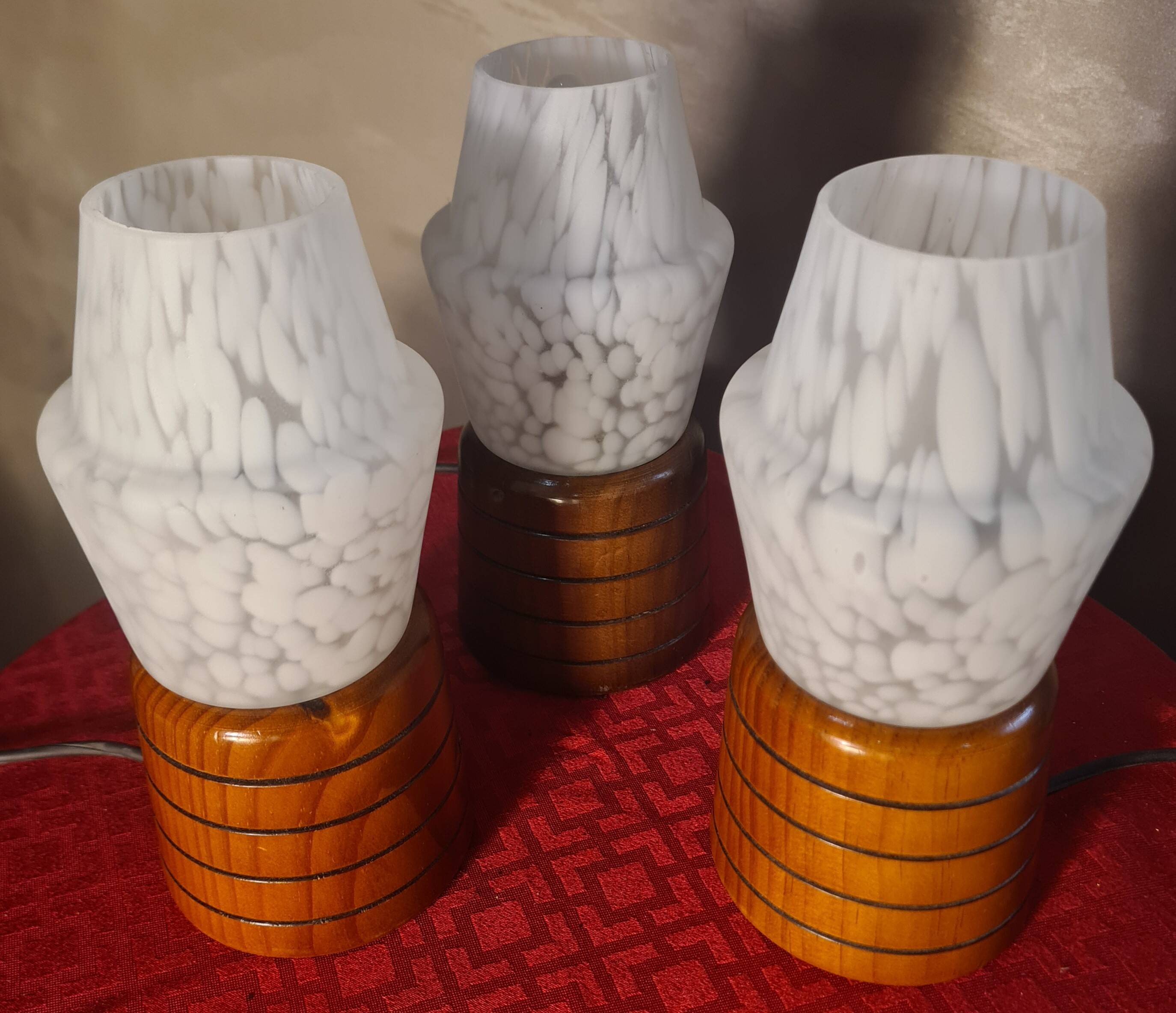 three Scandinavian bedside lamps, turned wood and glass, Clichy 20x9, electric ok