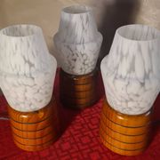three Scandinavian bedside lamps, turned wood and glass, Clichy 20x9, electric ok