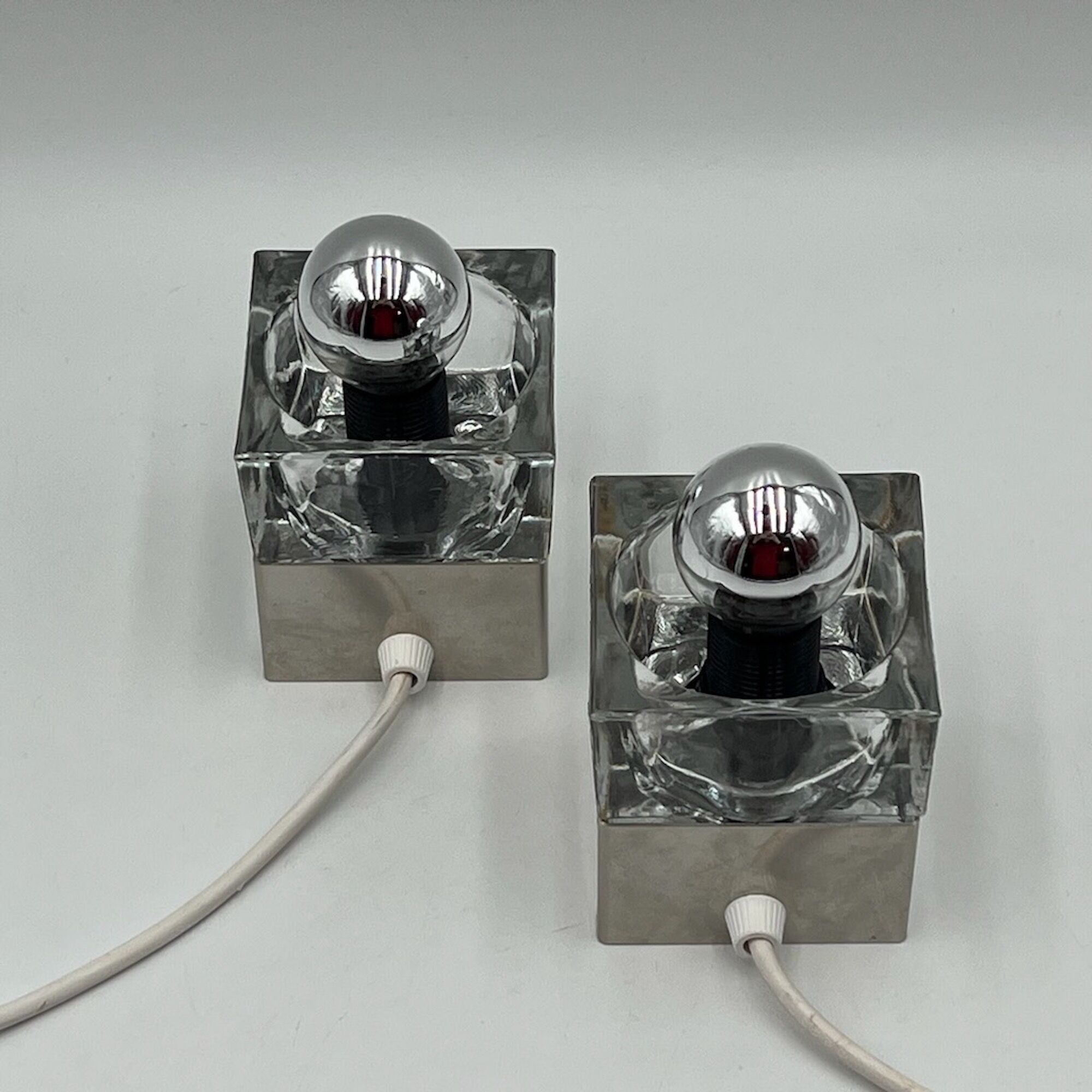 Cubic metal and glass bedside lamps, 70s