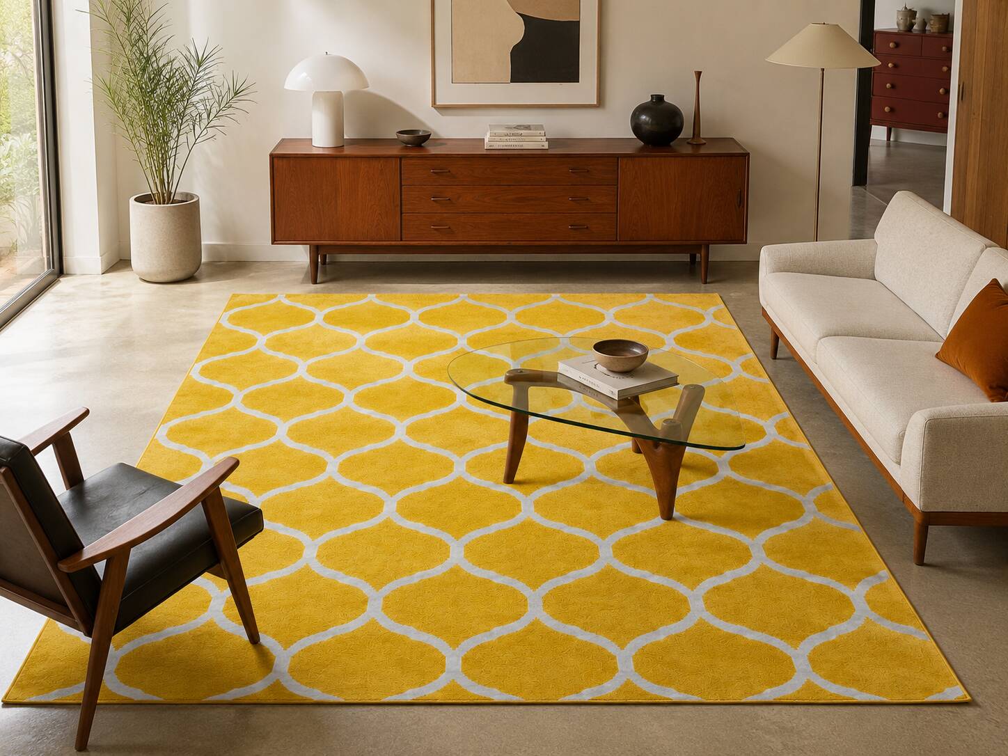 Vintage Moroccan Hand Loomed Yellow and Ivory Wool Rug, Late 20th Century