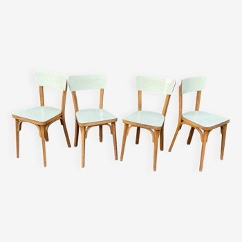 4 Mid-century chairs, traces of use, pastel anise-colored Formica covering - beautiful