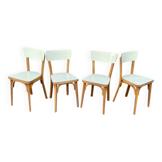 4 chaises Mid-century, traces d’usage , revêtement Formica couleur anis pastel - bel