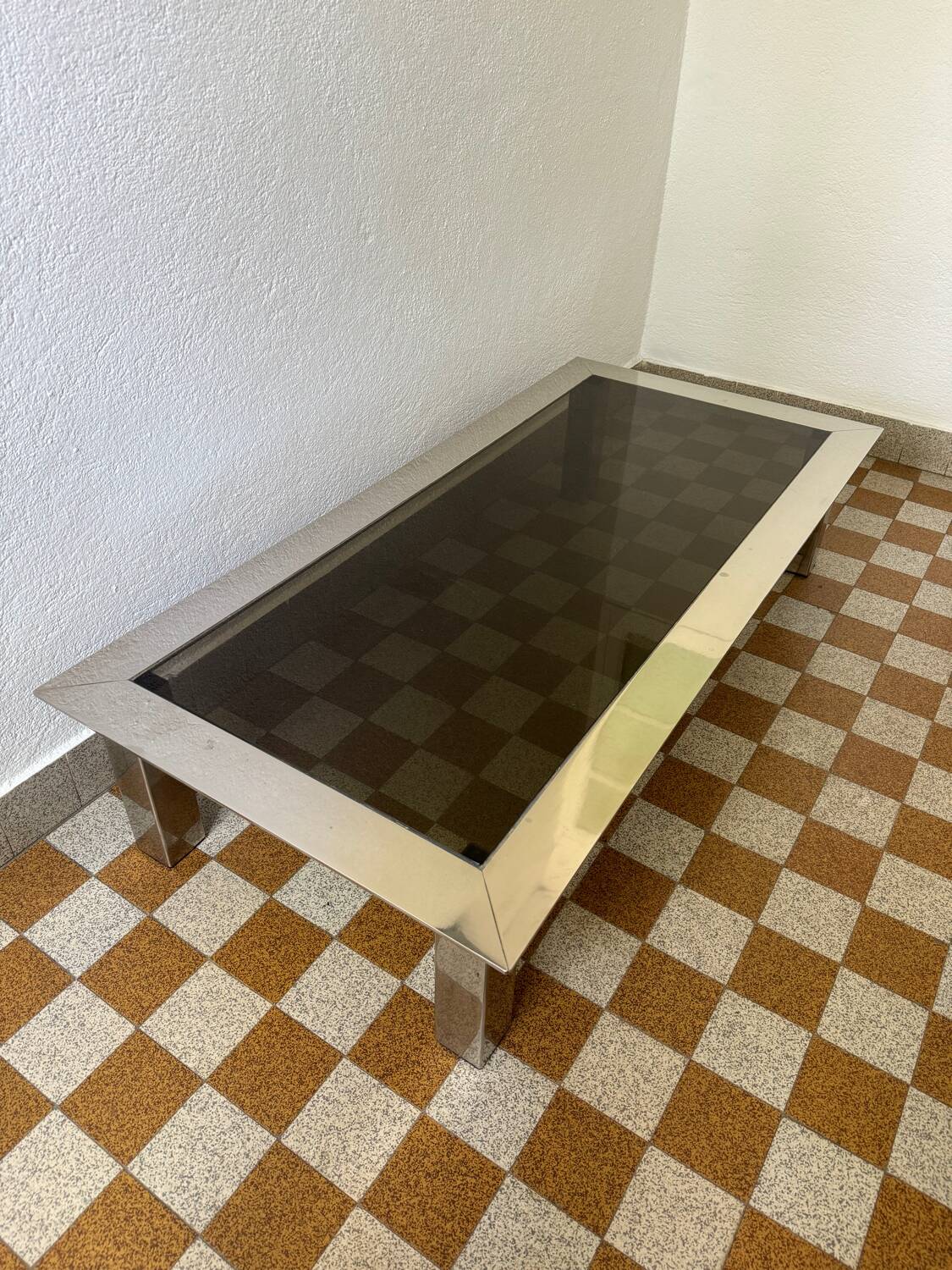 Rectangular coffee table in chrome steel and smoked glass from the 70s