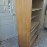 Vintage bookshelf in oak veneer, pearl grey interior, metal legs.