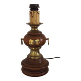 French Mid Century Round Turned Wood Lamp Base With Gold 1852 Tag & Handles