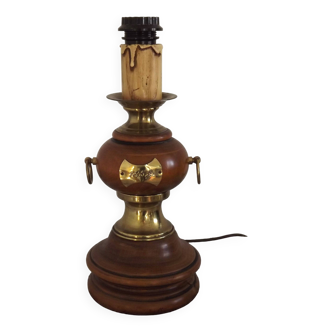 French Mid Century Round Turned Wood Lamp Base With Gold 1852 Tag & Handles
