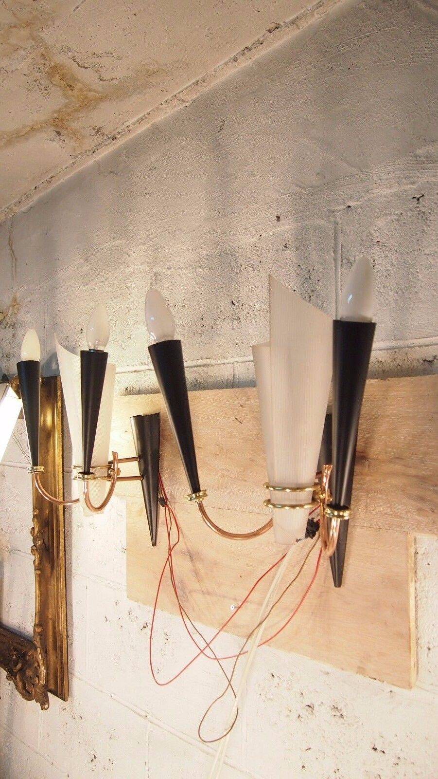 Paire applique lunel mid century texture perspex laiton dore noir