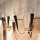 Pair of lunel mid century wall sconces, perspex texture, brass, gold, black