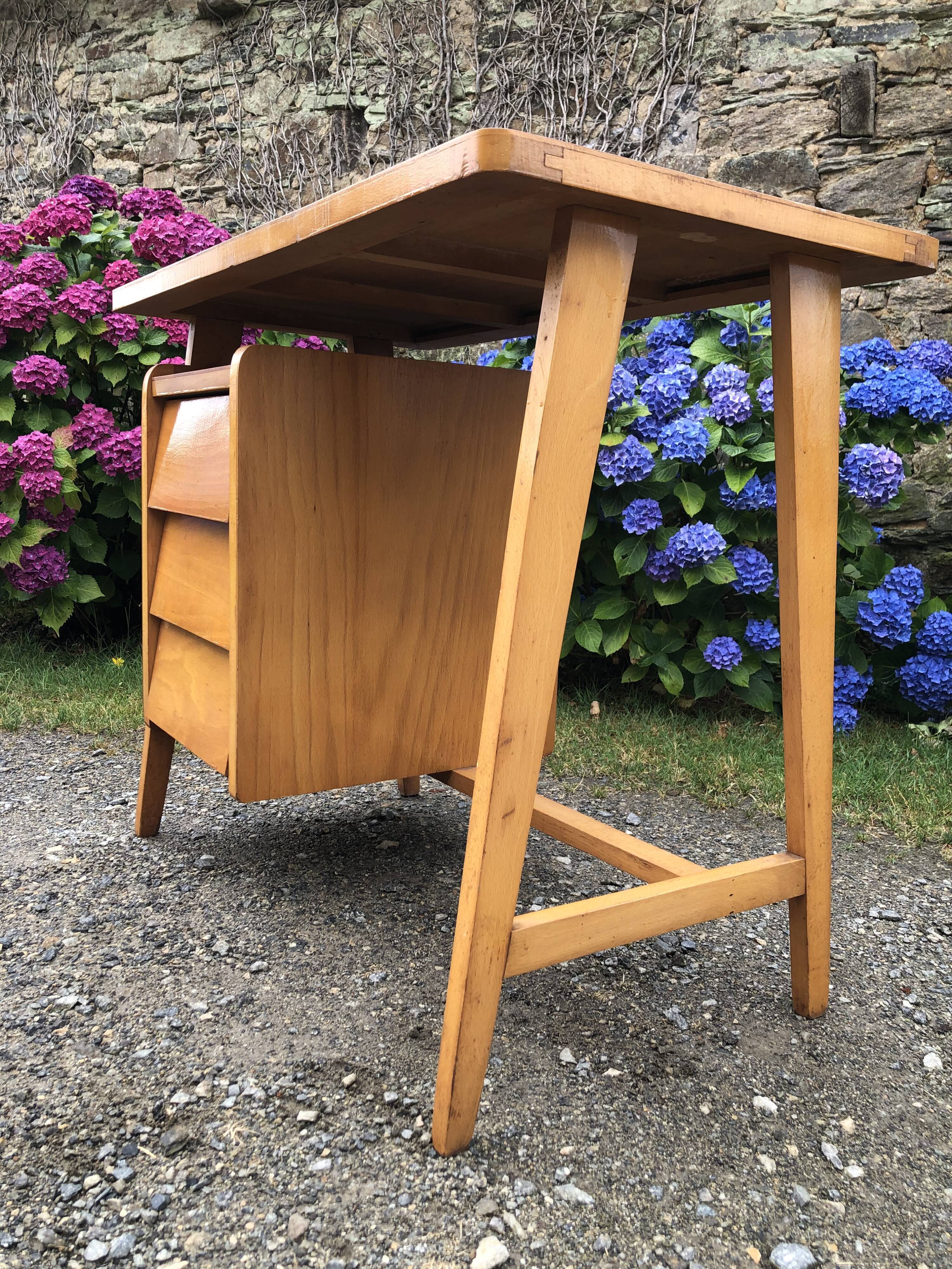 Vintage desk with beech compass legs with 3 drawers.