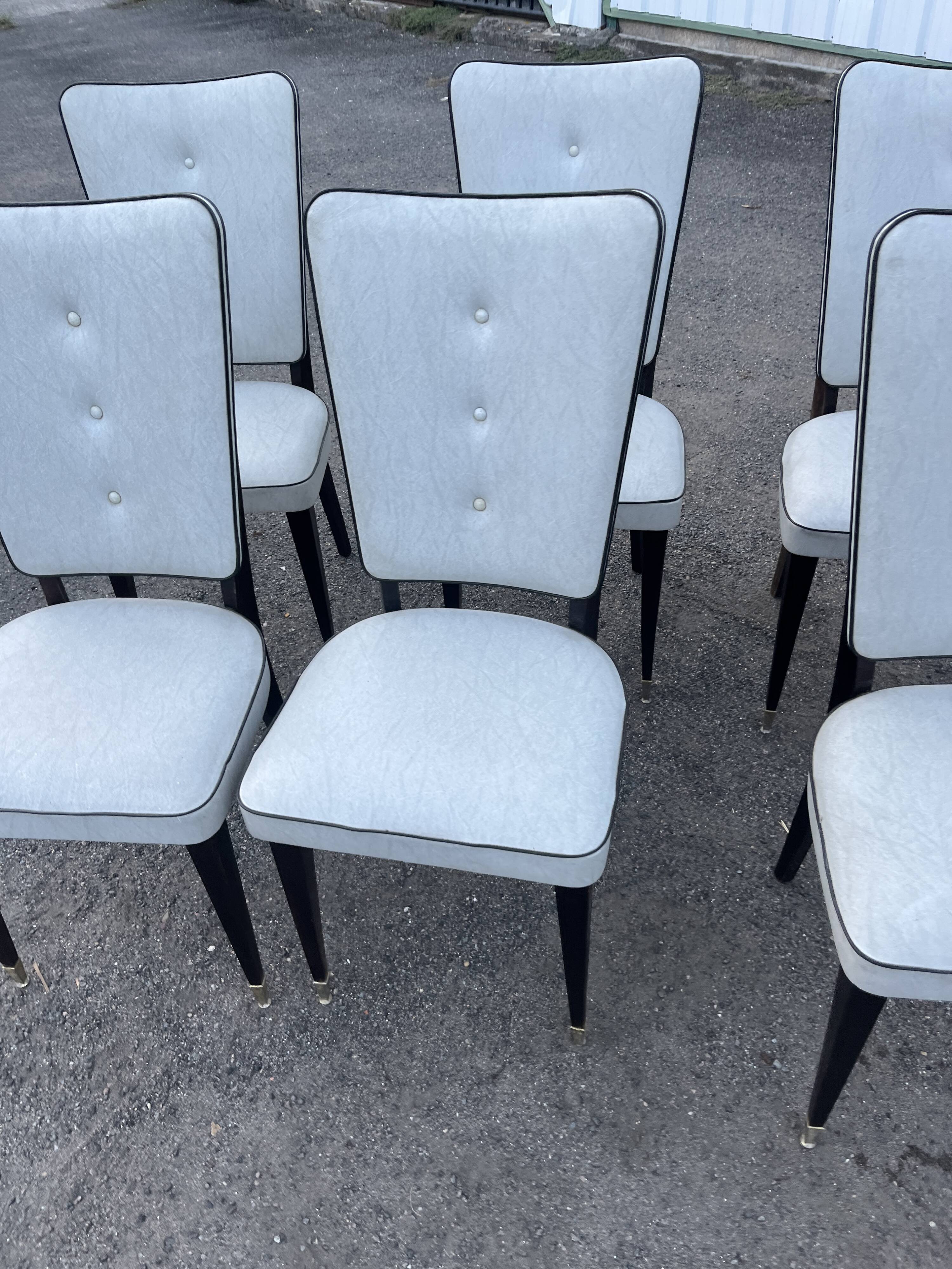 Set of 6 vintage chairs from the 50s-60s – Blue faux leather – Tapered legs