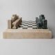 Vintage marble chess set from the 1970s, green and beige stone board, heavy design, geometric pieces, sculptural tabletop game, gift idea.