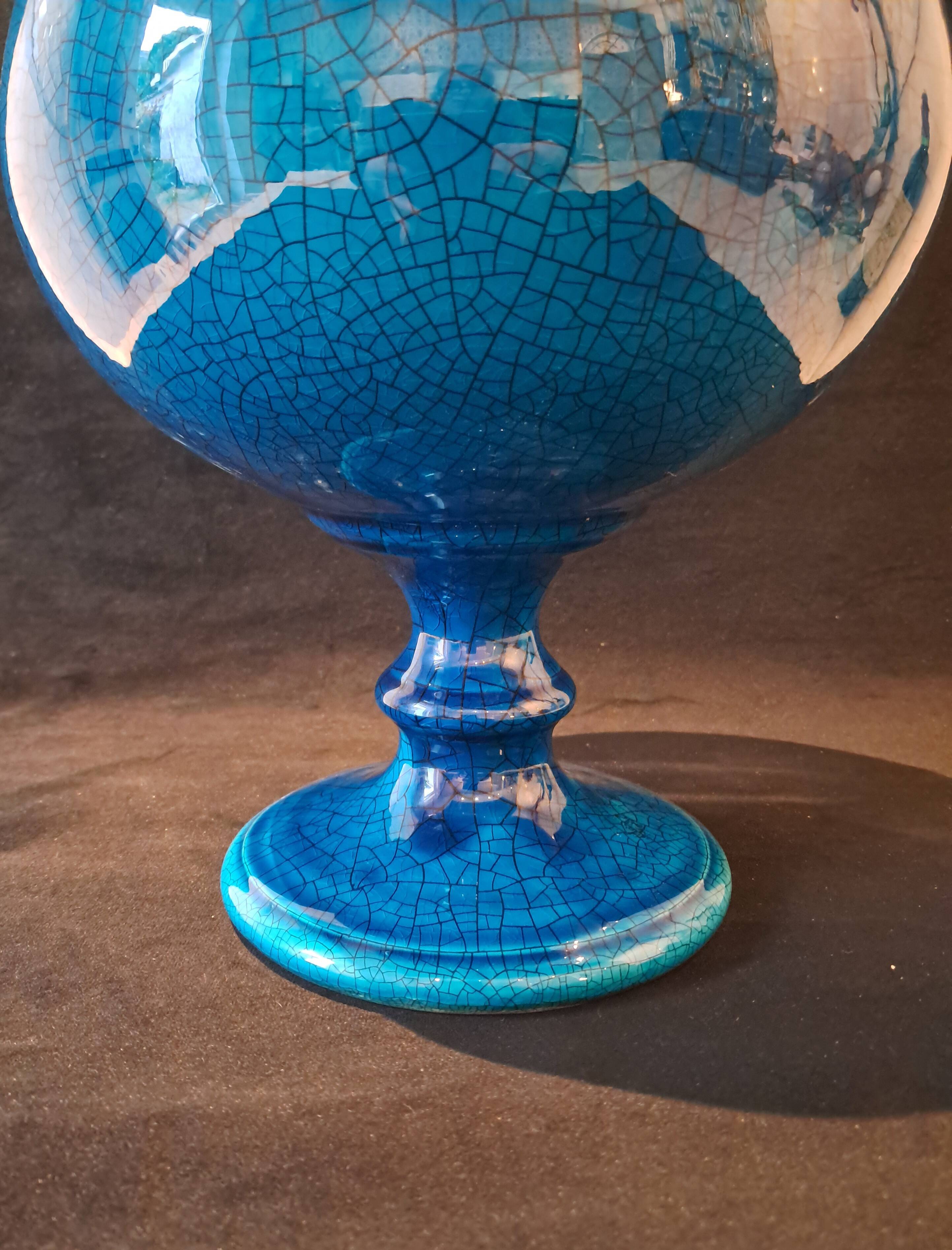 Large Turquoise Crackle Earthenware Footed Bowl Vase