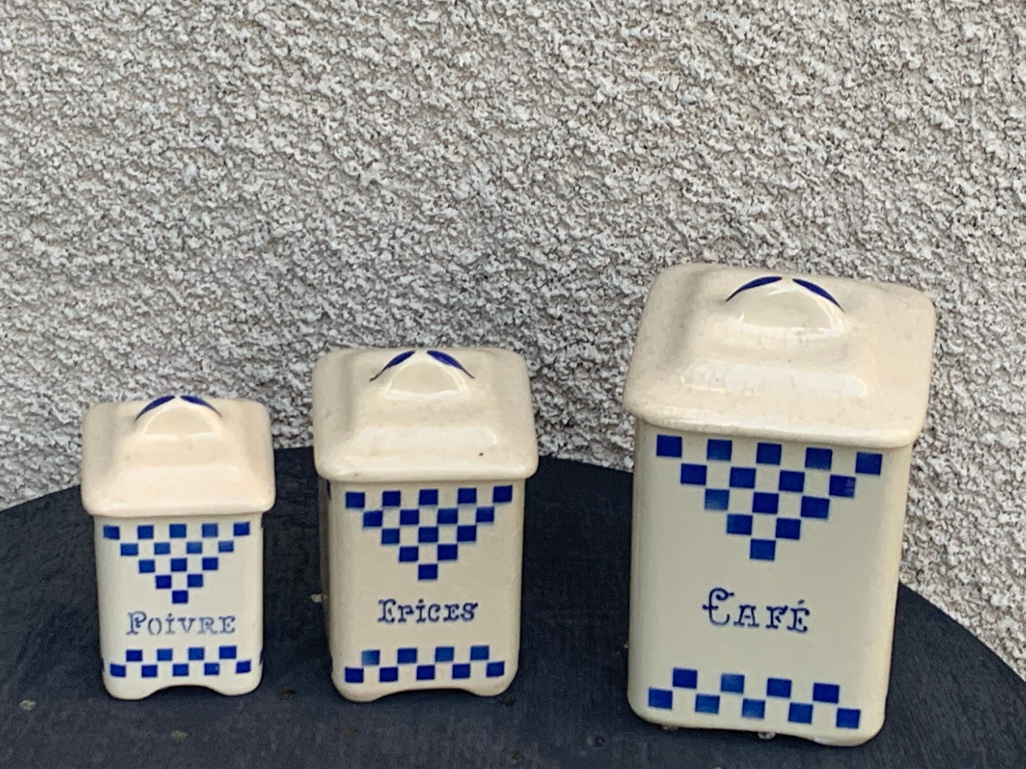 Set of 3 earthenware spice pots geometric pattern art deco period