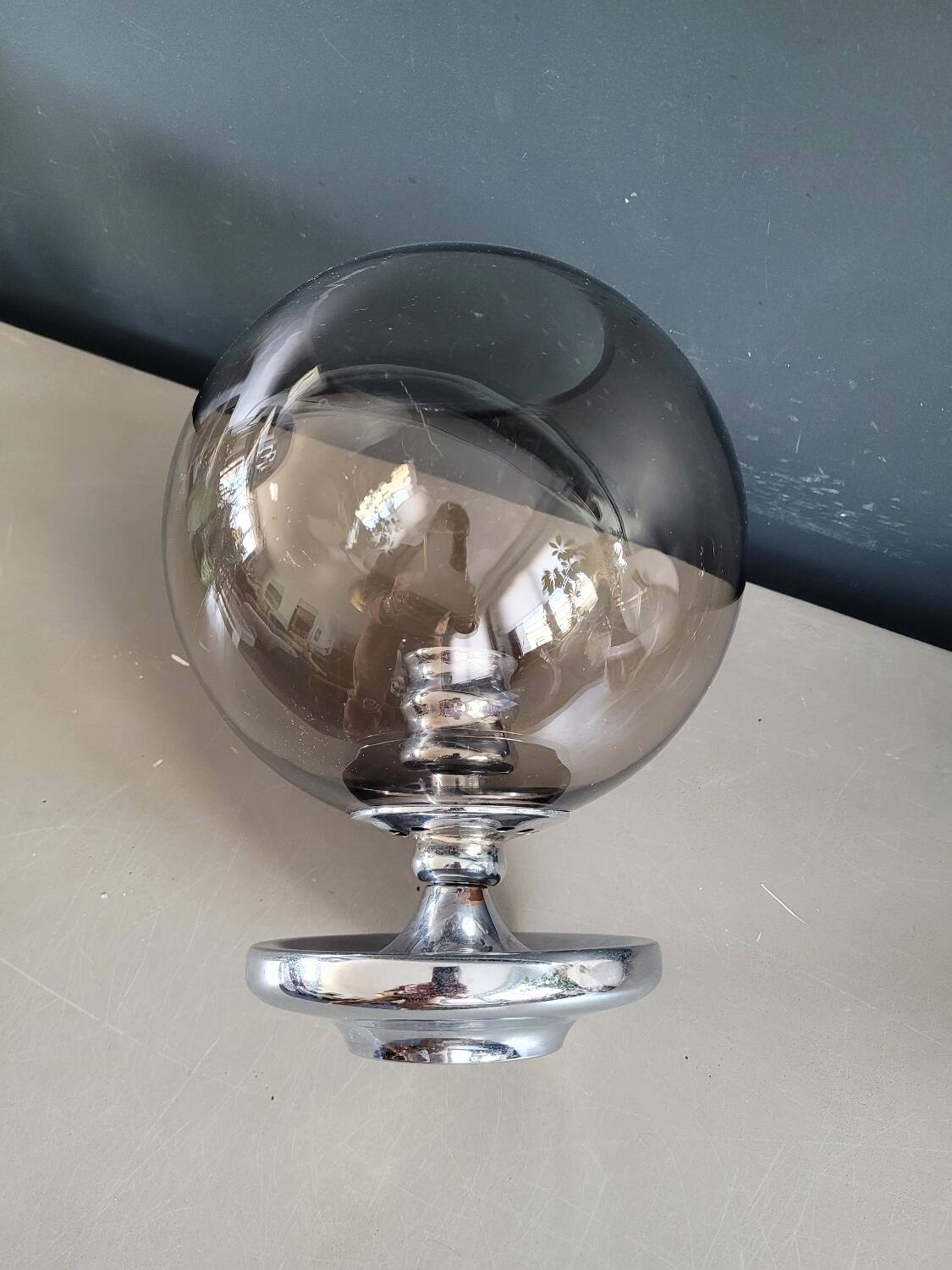 Outdoor glass candle holder in smoked glass and chrome