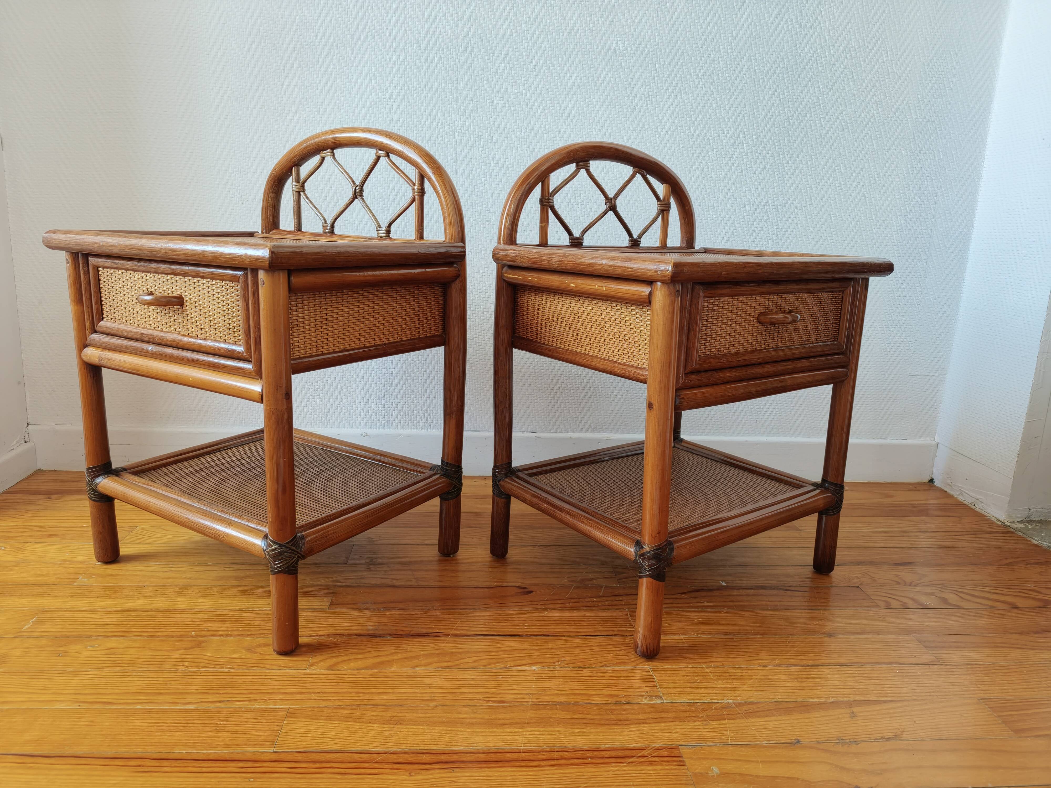 Pair of vintage rattan and cane bedside tables, 1970s