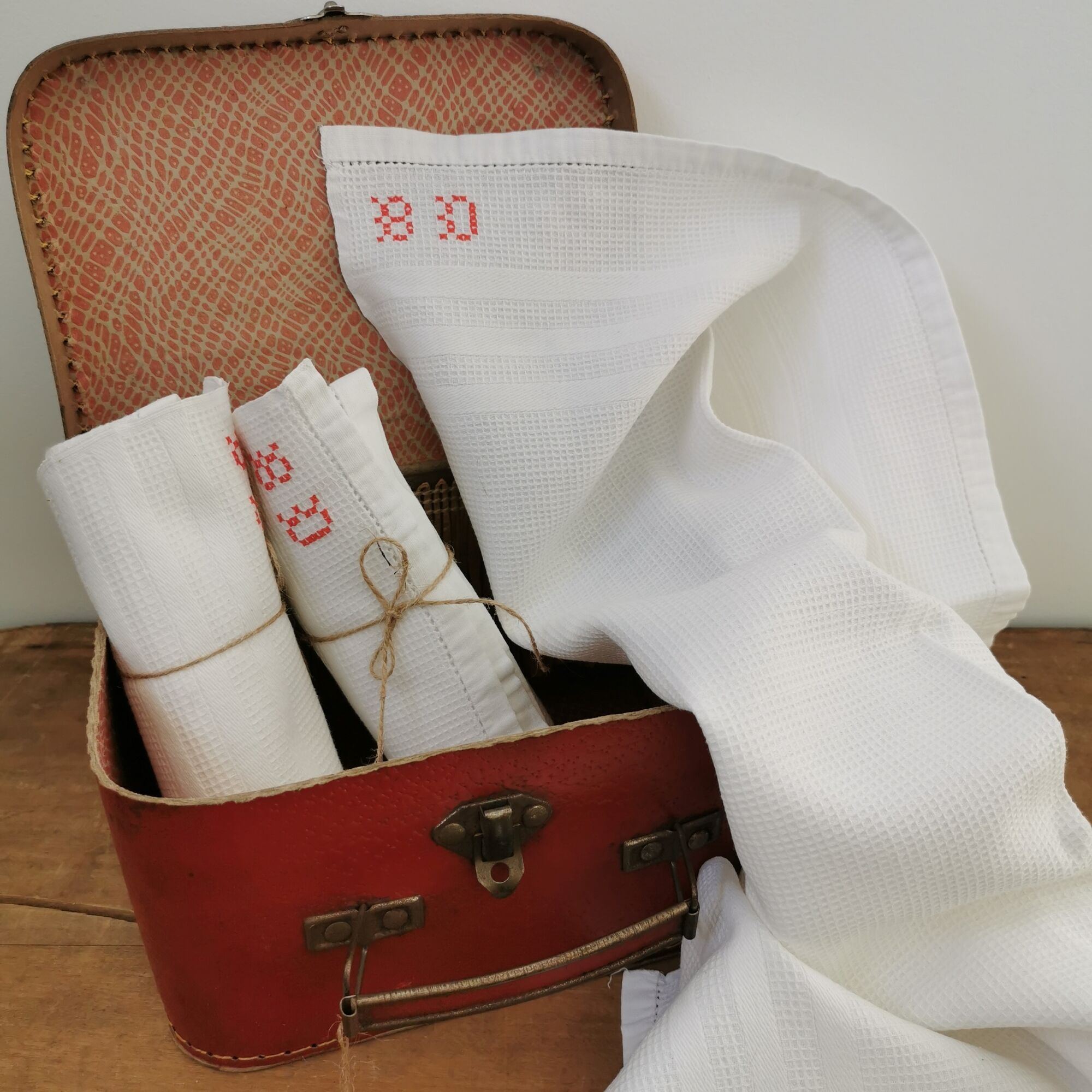 Old honeycomb tea towels embroidered