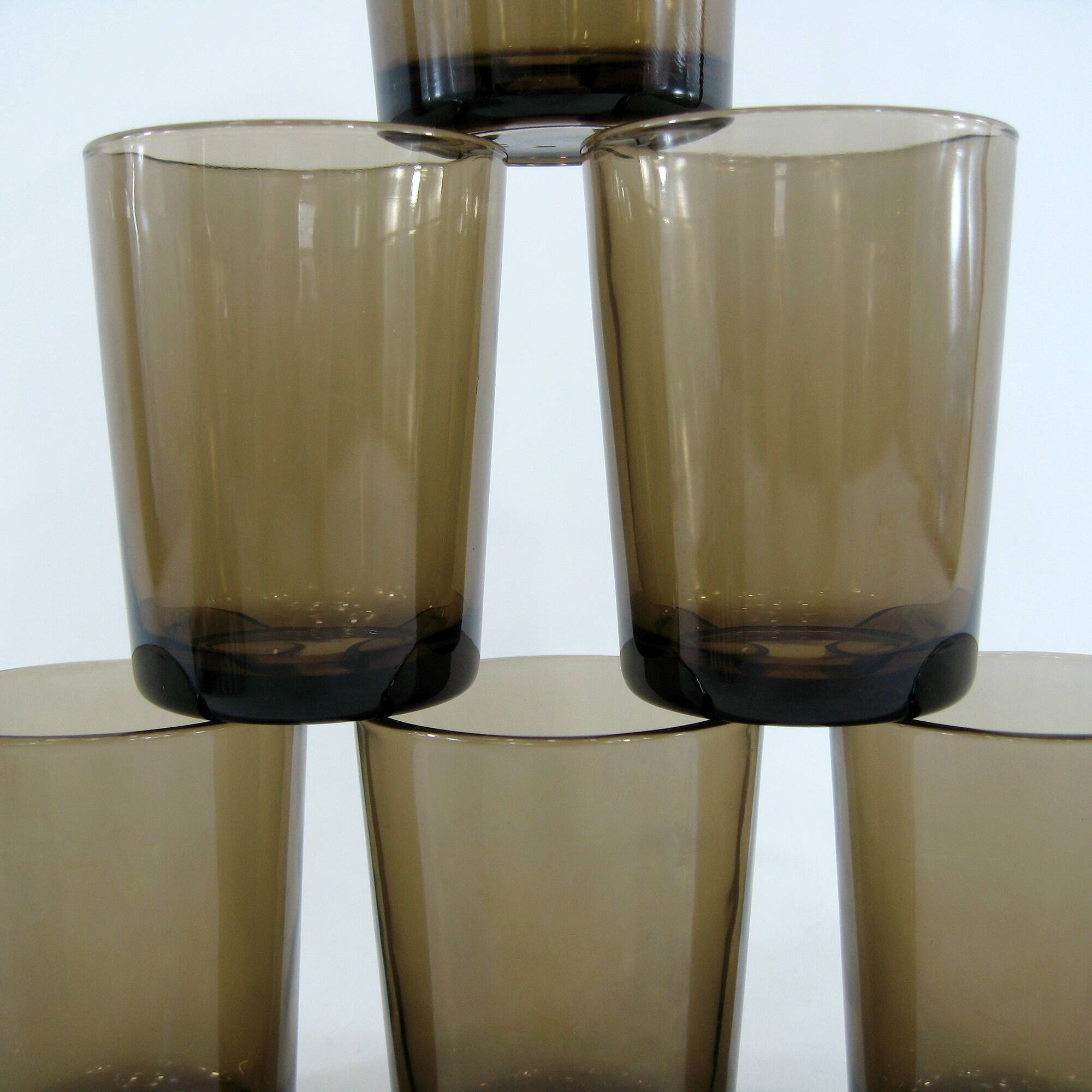 6 smoked brown tempered glass cups - Vereco France - vintage 70s