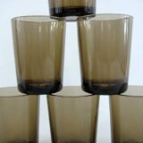 6 smoked brown tempered glass cups - Vereco France - vintage 70s
