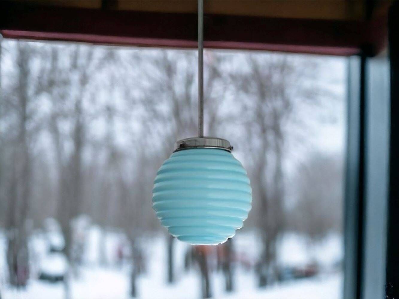 Vintage blue ribbed glass art deco hanging lamp 1950s