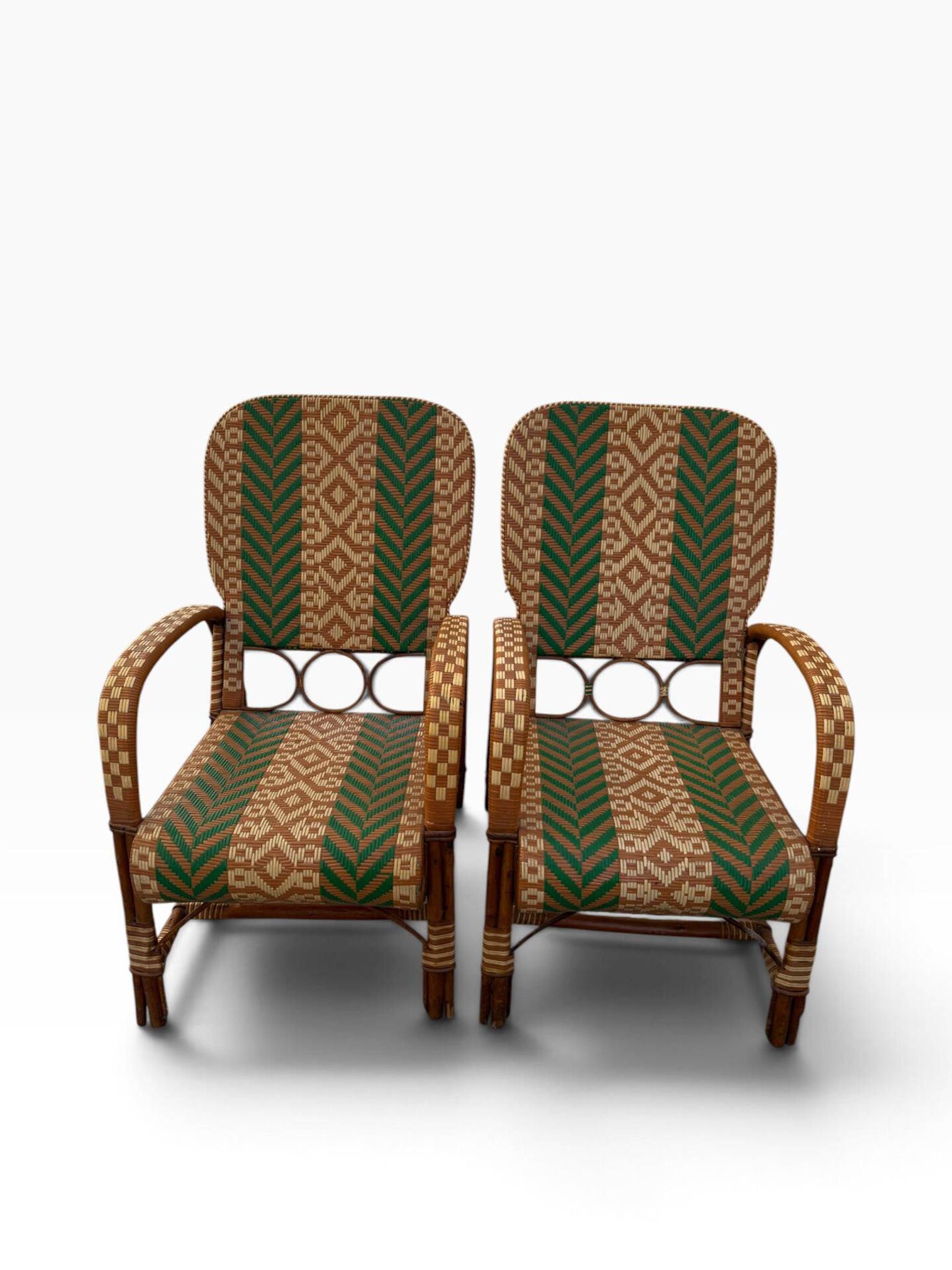Fauteuils en rotin éclissé style Audoux Minet des années 50 F