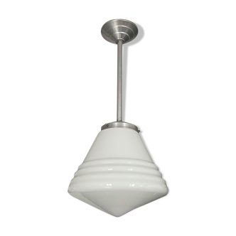 Chandelier art deco, opaline and chrome metal, France 1930