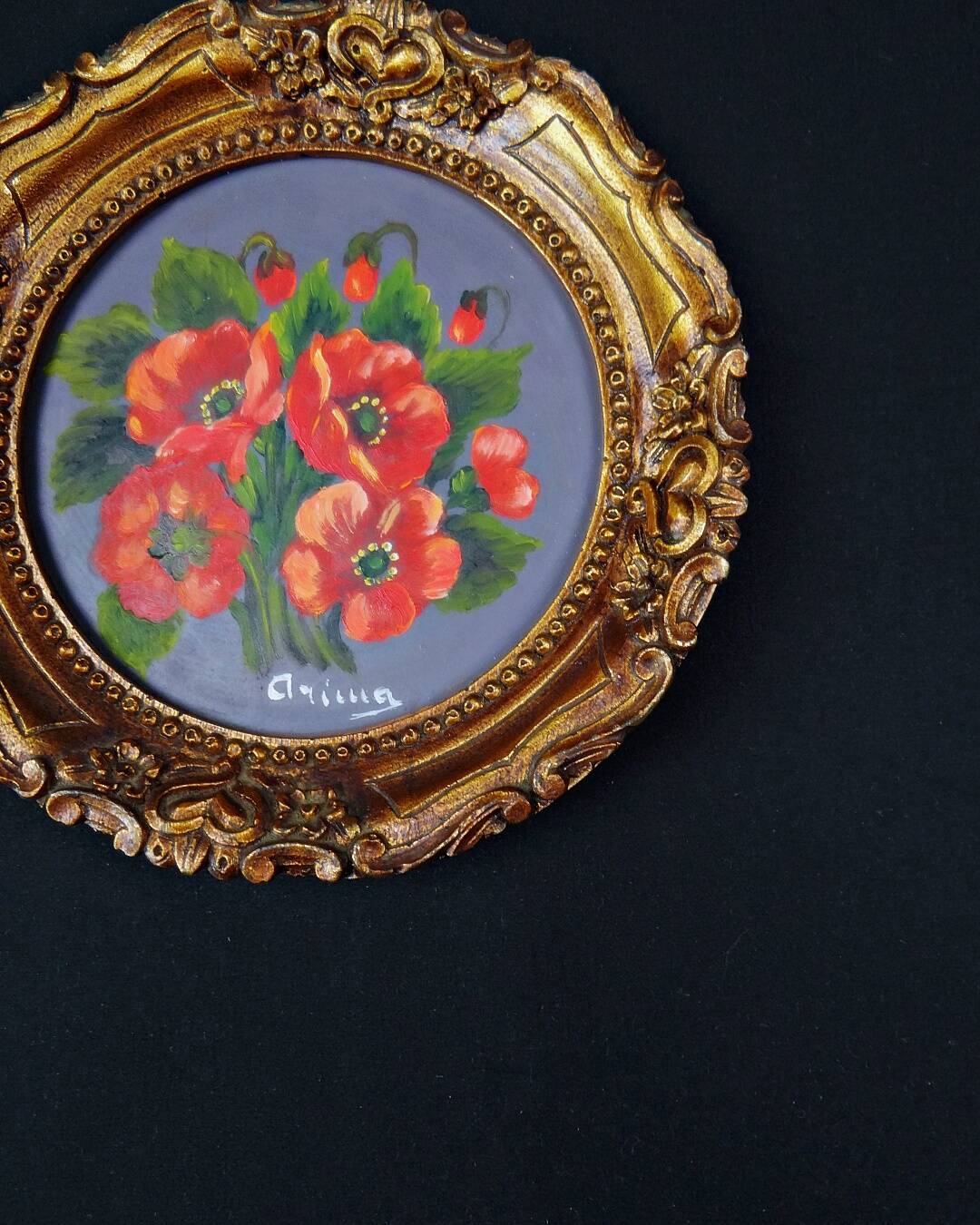 Still life in Tondo oil on panel of a bouquet of poppies signed